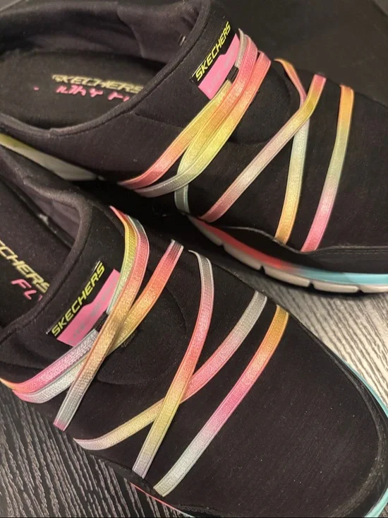 Skechers Black Slip-On Athletic Sneakers with Pastel Rainbow Straps - Picture 3 of 6